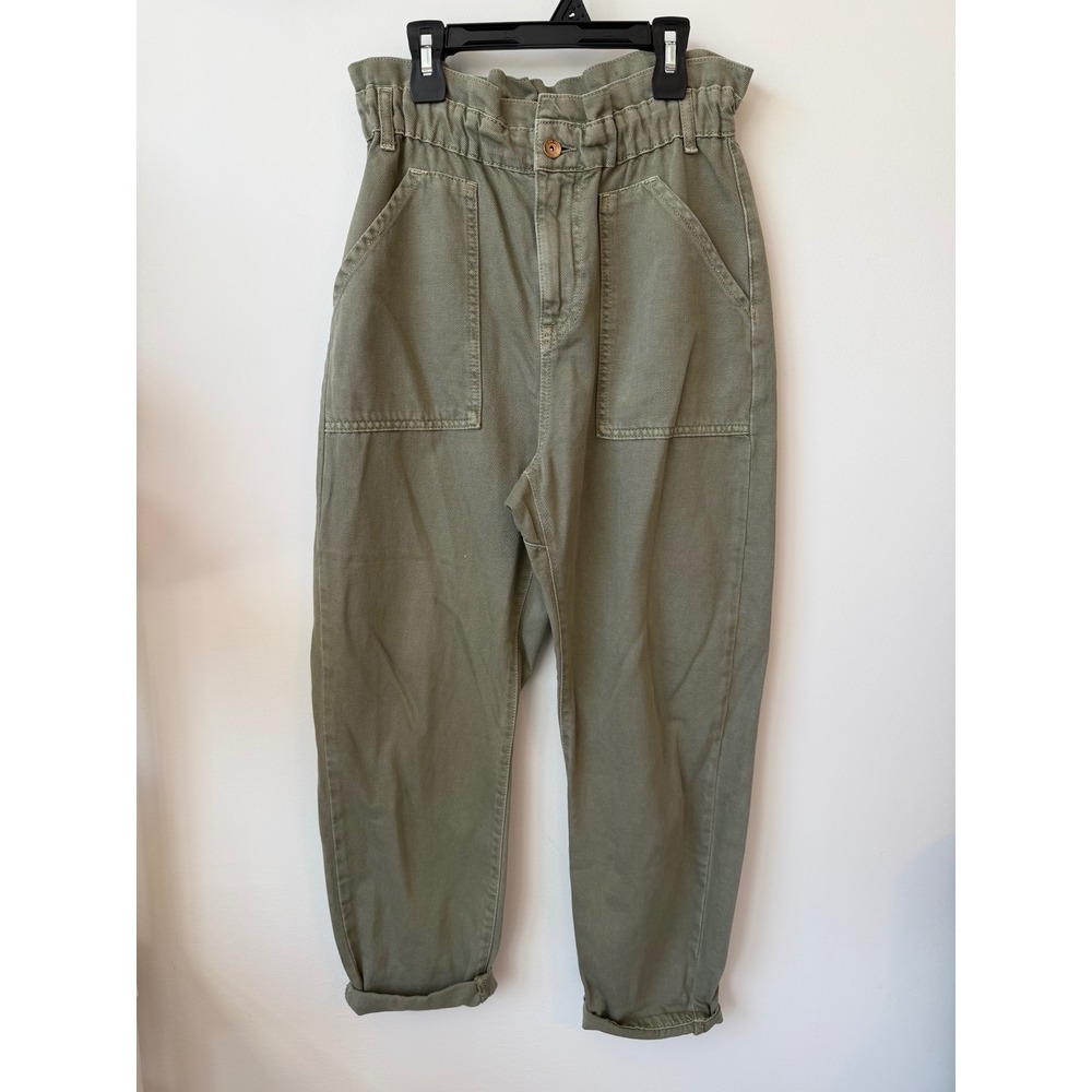 Zara Olive Green Paperbag Waist High Rise Tapered Utility Pants Size 4